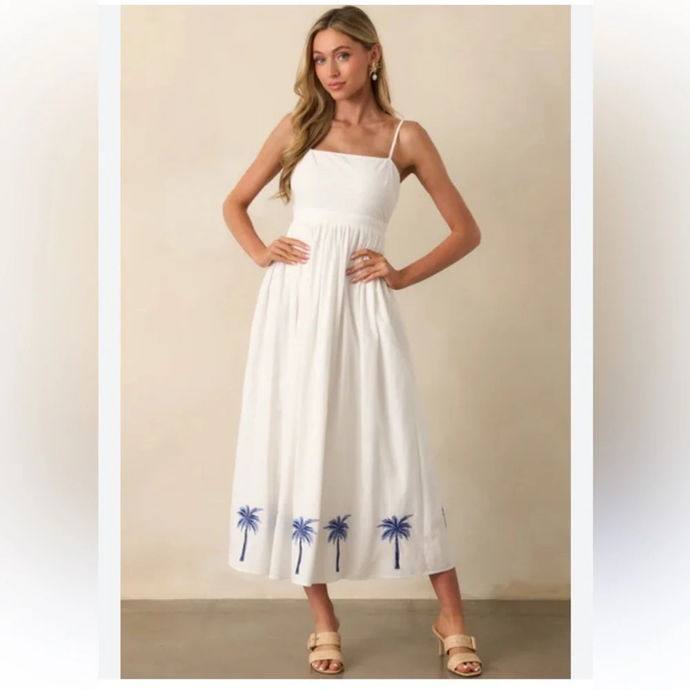 MinkPink White tropical palm tree embroidered midi dress - Picture 1 of 10